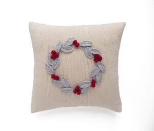 Grey Pillow w/green Wreath and Tussels - 10"