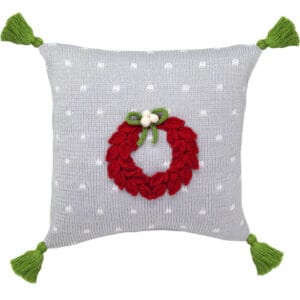 Grey Pillow w/green Wreath and Tussels - 10"
