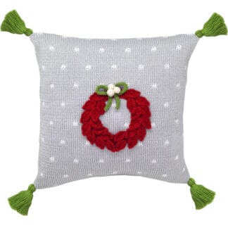 Grey Pillow w/green Wreath and Tussels - 10" Grey Pillow w/green Wreath and Tussels - 10"